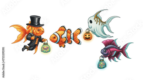Underwater Halloween Parade: Whimsical aquatic creatures, each in unique festive attire, navigate an ethereal underwater realm, carrying illuminated lanterns to capture the spirit of All Hallows' Eve.
