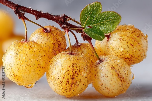 Marula fruit natural light macro soft yellow texture clean layout white background styling
