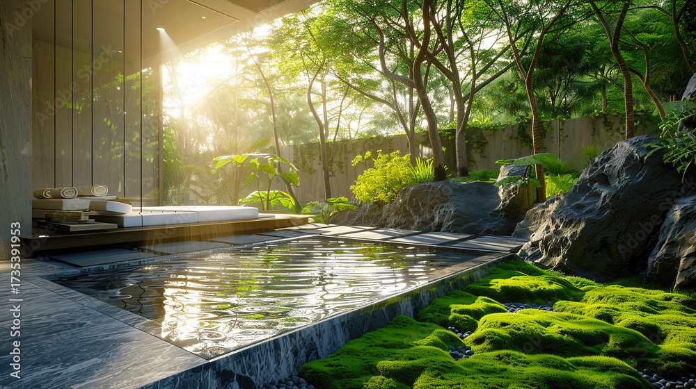 Naklejka premium Modern zen garden with stone path and serene reflection pool amidst lush greenery and sunlight filtering through trees.