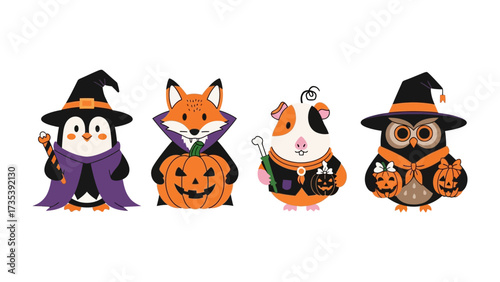 Happy Halloween with Cute Animals: Delightful cartoon animals, each dressed in whimsical Halloween costumes, bring spooky fun and festive charm to the scene. 