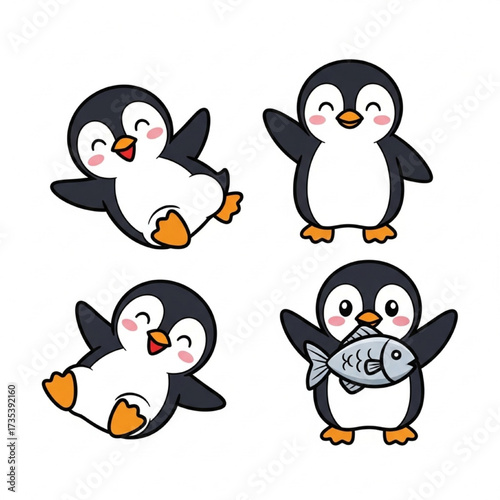 Adorable cartoon penguins in various playful poses, some holding a fish