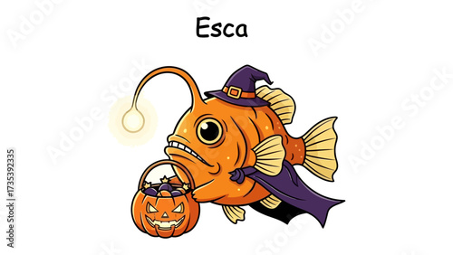 Whimsical Anglerfish Halloween: A cartoonish anglerfish, dressed in a witch's hat and cape, merrily holds a pumpkin bucket. This image captures a playful scene.