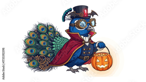Steampunk Peacock's Halloween: A whimsical illustration of a steampunk peacock, fully costumed for Halloween, holding a jack-o'-lantern and ready for the night. A fusion of art and festivity. 