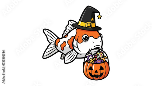 Halloween Koi Fish with Pumpkin Basket: A whimsical and captivating illustration features a koi fish, adorned with a festive witch hat, playfully carrying a pumpkin basket filled with treats.