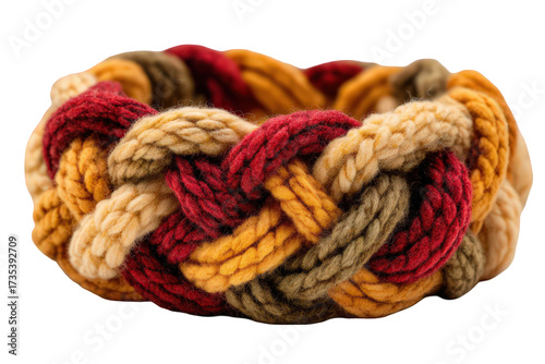 Braided Rope Bracelet on Transparent Backdrop Featuring Earthy Tones of Gold Brown and Crimson Interwoven Creating Intricate Patterns and a Warm Rustic Aesthetic Isolated on Black Backdrop