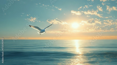 A single seagull gliding over calm ocean waters during a bright sunrise with clear skies and scattered clouds