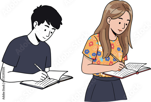 Focused students writing in notebooks, study session indoors, male and female learners, education concept, academic lifestyl, learning, schoolwork, colorful outfit, knowledge, preparation