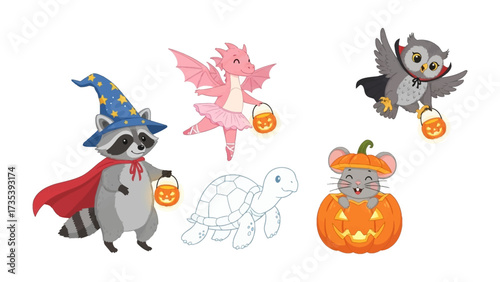 Halloween Fantasy Parade: Delightful assortment of adorable creatures, each dressed in festive Halloween costumes, marching in a colorful parade. Includes a raccoon as a wizard, a dragon in a tutu.