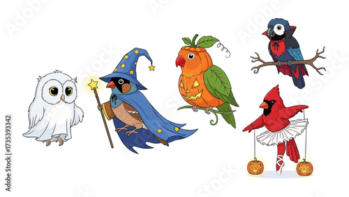Whimsical Avian Ensemble: A delightful collection of intricately designed, colorful birds, each portraying a unique persona and style. A vibrant illustration celebrating creativity and imagination. 