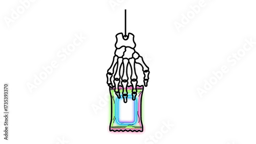 Abstract Grip: A skeletal hand delicately suspends a colorful package, rendered with a graphic style, evokes intriguing conceptual symbolism.