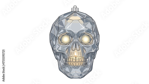 Crystal Skull Ornament: A geometrically crafted skull ornament, fashioned from transparent crystal with glowing yellow eyes, capturing the eerie allure of Halloween, it reflects the spectral beauty.