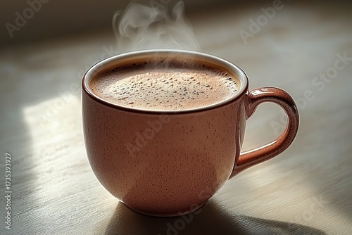 Close-up of a steaming hot beverage in a brown ceramic cup on a light wooden surface with soft natural lighting