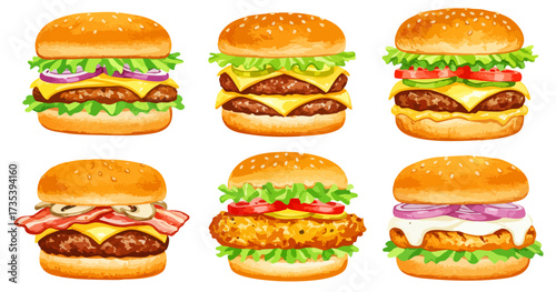 6種類のハンバーガーセット,チーズバーガー,ベーコン,チキン,水彩風