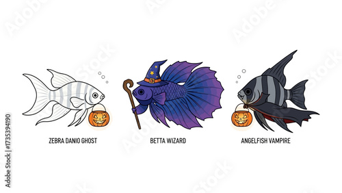 Halloween Costume Fish: A vibrant collection of Halloween costume fish: Zebra Danio Ghost, Betta Wizard, and Angelfish Vampire. Each fish playfully adorned in their unique Halloween attire.