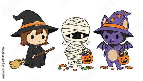 Halloween Trio: A captivating collection of enchanting illustrations features a charming witch with her broom, a friendly mummy, and a whimsical bat.
