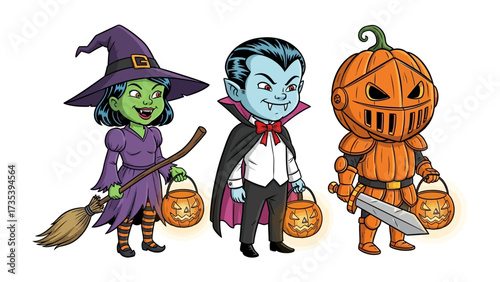 Spooky Trio: Halloween Characters: Three whimsical Halloween figures – a witch, a vampire, and a pumpkin knight – stand together, each holding a jack-o'-lantern bucket ready for trick-or-treating.