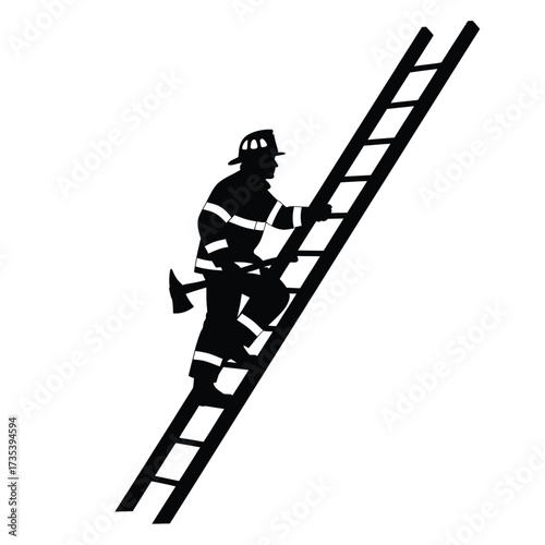firefighter climbing a ladder with an axe