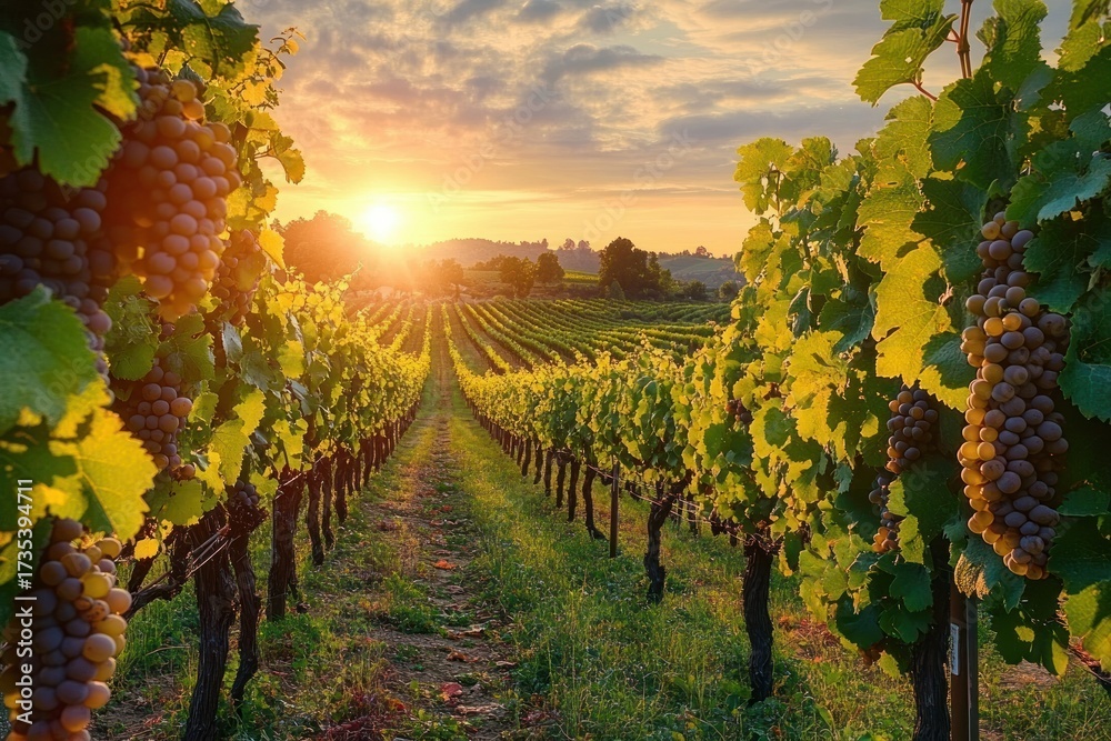 Naklejka premium Sunset over a lush vineyard with rows of grapevines heavy with ripe grapes under a partly cloudy sky creating a warm and peaceful atmosphere