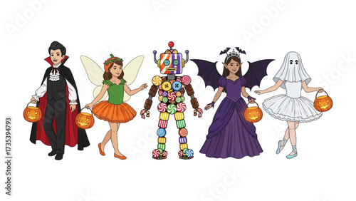 Halloween Costume Party: A cheerful ensemble of children showcase an array of costumes. A vampire, a fairy, a colorful robot, a bat-winged beauty, and a charming ghost showcase the joy of the season!