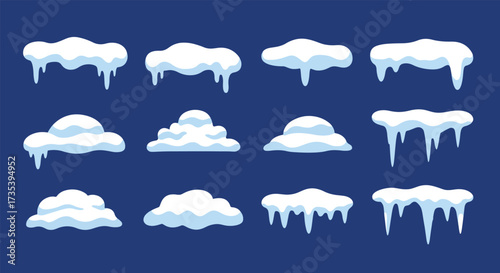 Collection of cartoon snowdrifts and icicles with melting drips.