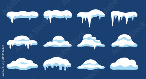 Collection of cartoonstyle snow and icicle elements for winter decoration.