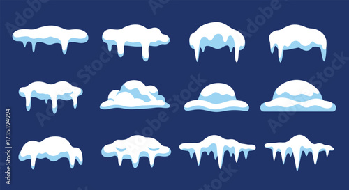 Collection of cartoonstyle snow drifts and icicles for winter decoration.