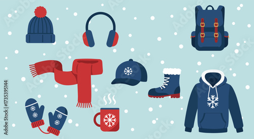 Collection of winter clothing and accessories for cold weather