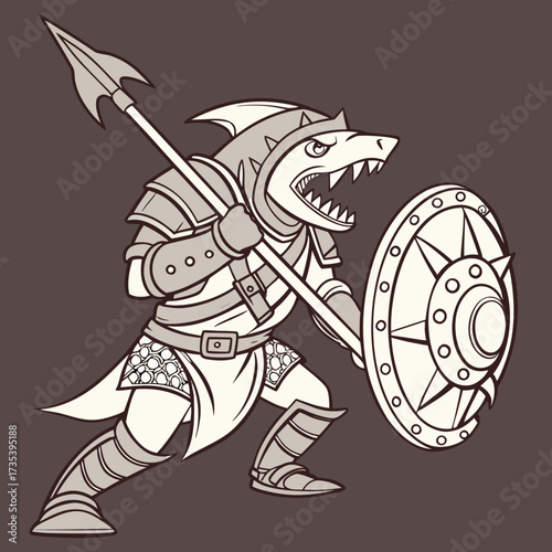 Ferocious Shark Warrior in Armor Spear and Shield Ready for Battle