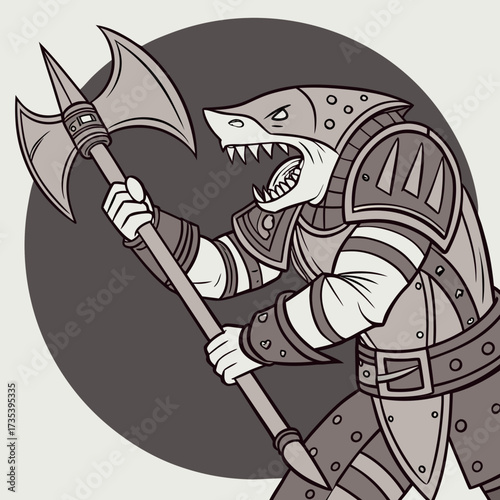 Ferocious Shark Warrior Armored Heavy, Wielding Axe in Battle