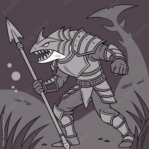 Ferocious Shark Warrior Armored Predator with Spear in Hand