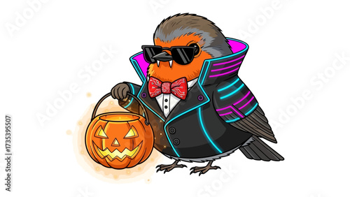 Halloween Bird as Vampire: a charming cartoon bird, humorously attired as a vampire, sports sunglasses and a bowtie, with a glowing pumpkin pail for an unforgettable Halloween experience. 