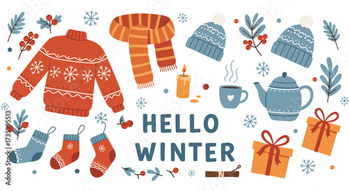Cozy Winter Clothing and Gifts with Hello Winter Text.