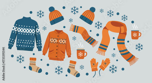 Cozy Winter Clothing and Hot Drinks Collection.