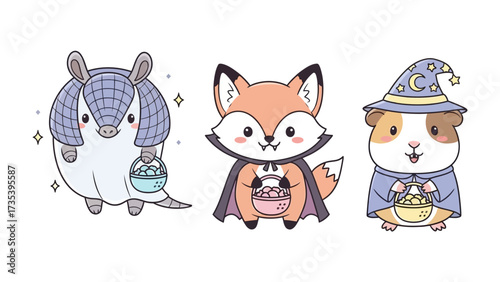Enchanting Trio of Fantasy Creatures: A whimsical illustration of an armadillo, fox, and guinea pig, each dressed in charming fantasy attire, bearing baskets, emanating an air of festive fantasy. 