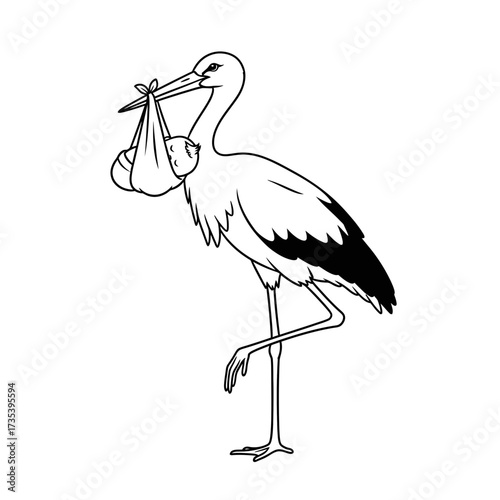 Stork carrying a baby in a bag with black and white outline design  