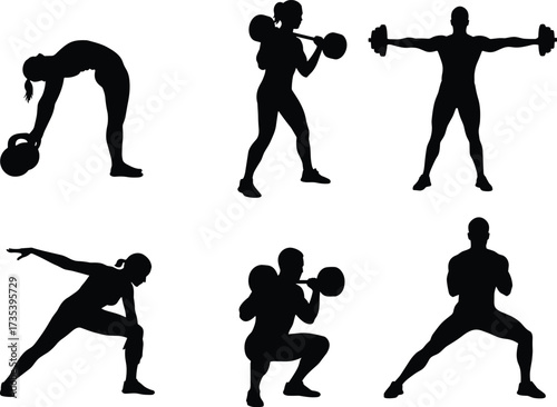 Silhouette fitness exercises, weightlifting workout, barbell squat, dumbbell raise, kettlebell
