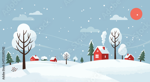 Cozy winter village scene with snowcovered houses and trees under a pale sky.