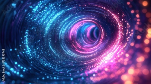 Glowing spiral tunnel with vibrant blue, pink, and purple light particles creating a dynamic and immersive digital vortex effect