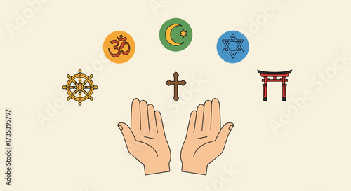 Diverse religious symbols arranged around open hands representing faith and spirituality.