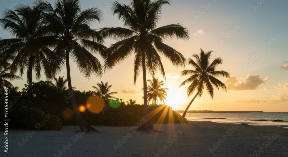 Fototapeta premium Silhouetted palm trees on a beach at sunset