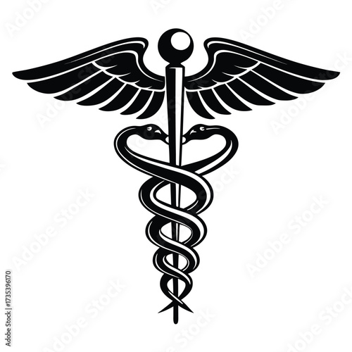 Detailed Black Caduceus Symbol with Wings and Snakes on a White Background medical healthcare