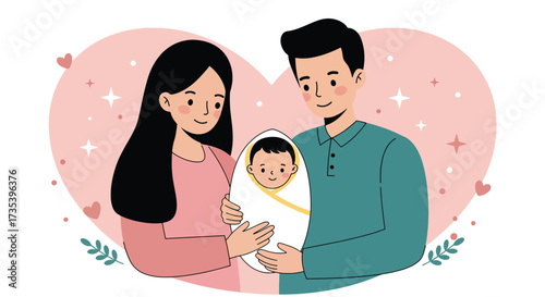 Loving parents holding their newborn baby celebrating new life and family joy.