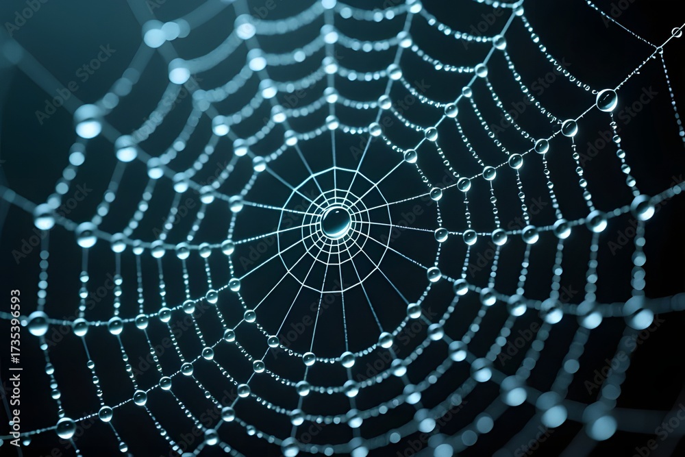 Fototapeta premium Glowing spider web with water drops