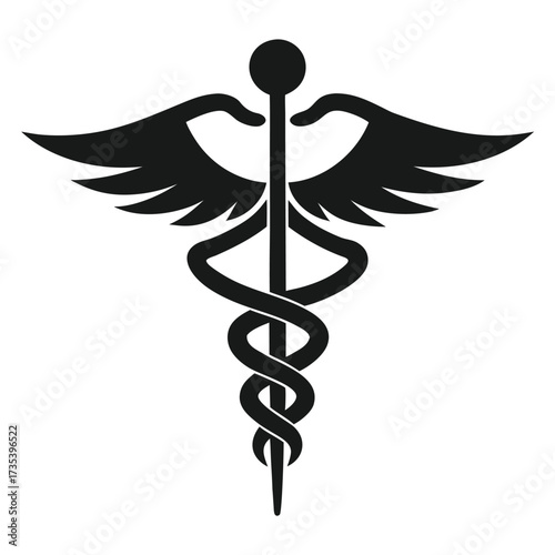 Minimalist Caduceus Emblem with Wings and Serpents on White Background Keywords: caduceus, symbol, medical, healthcare, medicine, health, doctor, nurse, hospital, clinic, pharmacy, emergency, life