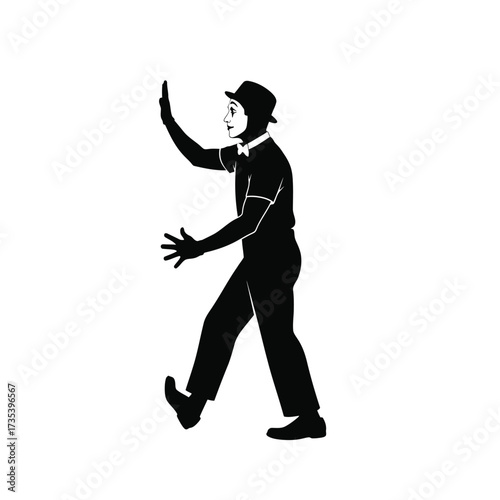 silhouette of a mime walking and gesturing