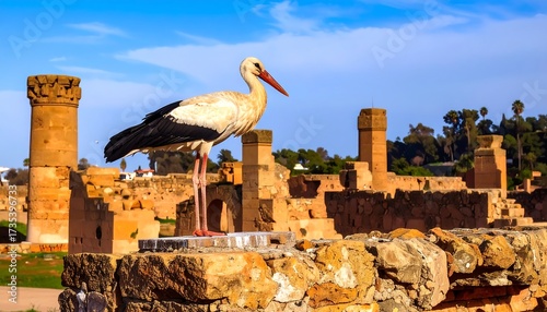 Stork perched on ancient ruins, sunny day