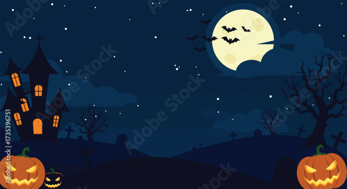 Spooky Halloween Night with Jackolanterns and Haunted House.