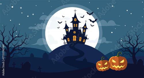 Spooky haunted mansion silhouetted against a giant full moon with bats and jackolanterns.
