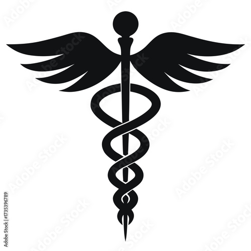 Minimalist Black Caduceus Symbol with Simple Wings and Single Snake on White Background Keywords: caduceus, symbol, medical, health, healthcare, medicine, snake, serpent, wings, staff, rod