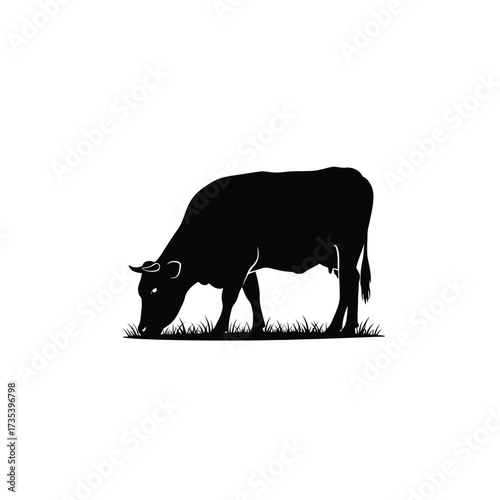 black silhouette of a cow grazing in grass